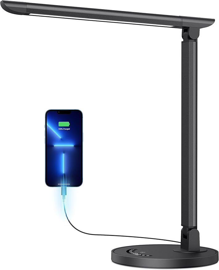 LED Desk Lamp, Eye-Caring Table Lamp with USB Charging Port, 35 Lighting Modes, Touch/Memory Function, Dimmable Reading Lamp Task Lamp Desk Lamps for Home Office (Black)