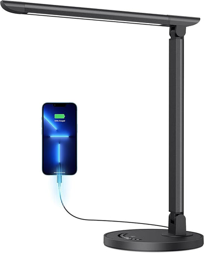 LED Desk Lamp, Eye-Caring Table Lamp with USB Charging Port, 35 Lighting Modes, Touch/Memory Function, Dimmable Reading Lamp Task Lamp Desk Lamps for Home Office (Black)