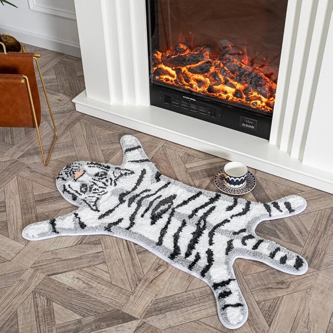 Tiger Shaped Bathroom Rug Animals Bath Mat Rug Non-Slip Bathroom Door Mat for Bedroom Bathroom Kitchen Cartoon Rug for Bathroom Tub Soft Bathmat Home Decor (65x98cm/25.6x38.6in) White