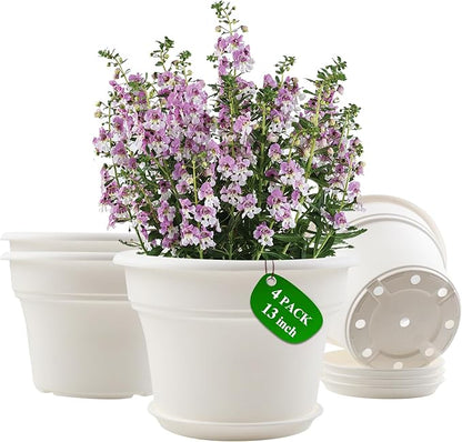 13 Inch Plastic-Flower-Pot-for-Indoor-Plants, 4 Pack Large Outdoor Planter Pot with Drainage Holes & Saucers, Resin Decorative Garden Pots Planters