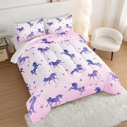 HOSIMA Kawaii Unicorn Comforter,Purple Unicorn with Stars and Love Heart Princess Toddler Bedding Set-Soft Microfiber Queen Comforter Set,Fairycore Room Decor Pink Comforter with 2 Pillowcases.