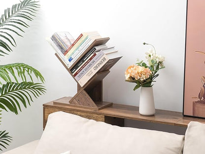 Labcosi 2 Tier Tree Bookshelf, Small Bookshelf for Storing Books/CDs, Wood Book Organizer Shelves for Home Office, Bedroom, Living Room, Rustic Brown