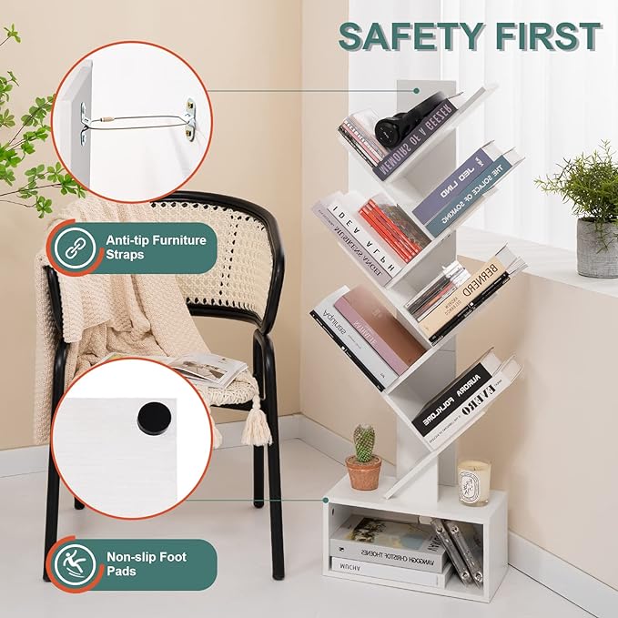 Yoobure Tree Bookshelf - 6 Shelf Retro Floor Standing Bookcase, Tall Wood Book Storage Rack for CDs/Movies/Books, Utility Book Organizer Shelves for Bedroom, Living Room, Home Office, White