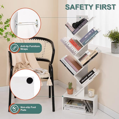 Yoobure Tree Bookshelf - 6 Shelf Retro Floor Standing Bookcase, Tall Wood Book Storage Rack for CDs/Movies/Books, Utility Book Organizer Shelves for Bedroom, Living Room, Home Office, White