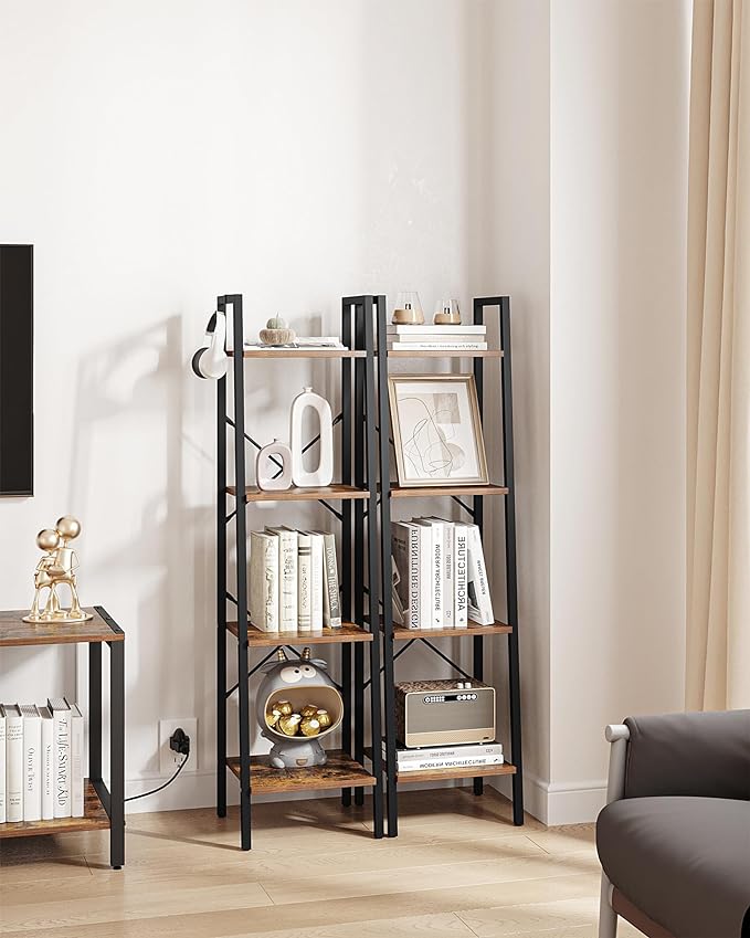 Ladder Shelf, Bookshelf Bookcase, Freestanding Corner Storage Shelve with 2 Hooks for Home Office, Living Room, Kitchen, Bedroom, Industrial, 4-Tier Rustic Brown BC13201B