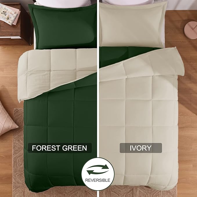 Basic Beyond Twin Comforter Set for Girls and Boys - Fluffy Twin Bed Comforter Set for All Seasons - Reversible Forest Green Comforter Set - 2 Pieces (1 Comforter + 1 Pillow Sham) - Forest Green/Ivory