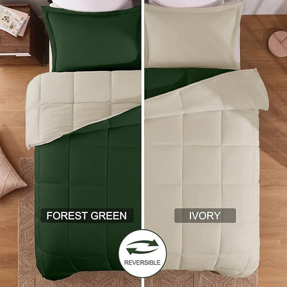 Basic Beyond Twin Comforter Set for Girls and Boys - Fluffy Twin Bed Comforter Set for All Seasons - Reversible Forest Green Comforter Set - 2 Pieces (1 Comforter + 1 Pillow Sham) - Forest Green/Ivory
