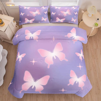 Tailor Shop Butterfly Comforter Sets King Size,Purple Pink Butterfly Bedding Sets for Girls Kids Teens with 2 Pillowcase…