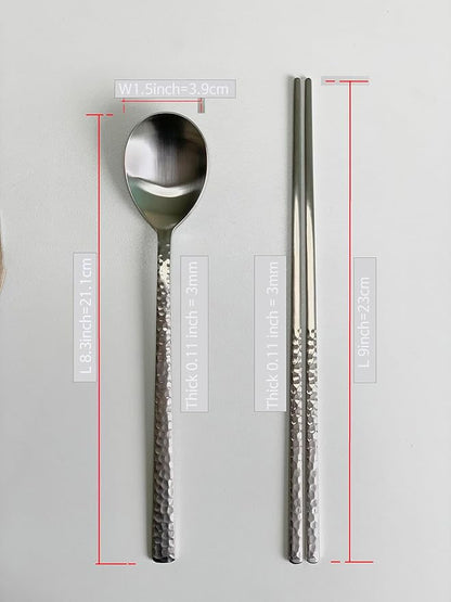 Korean Made Silver Glossy Hammered Stainless Steel Korean Spoon & Chopstick SET Gift for Mom Stocking Stuffer(4SET)