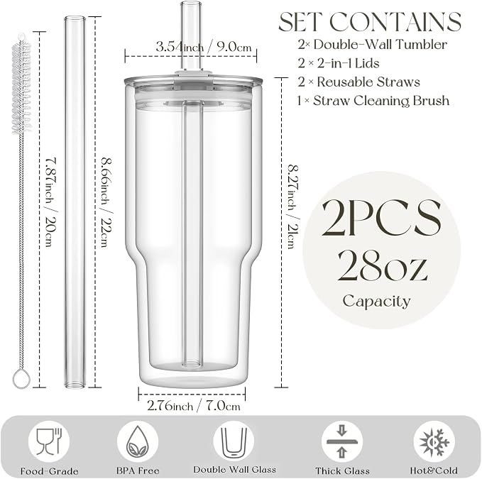 KEMORELA 28 oz Double Wall Glass Tumblers Set of 2, Extra-Wide 13mm Reusable Drinking Straws, Boba Tumbler, Wide-Mouth Water Cups for Iced Coffee, Smoothies, Boba & Tea Lovers (Clear)