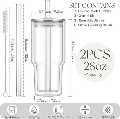 KEMORELA 28 oz Double Wall Glass Tumblers Set of 2, Extra-Wide 13mm Reusable Drinking Straws, Boba Tumbler, Wide-Mouth Water Cups for Iced Coffee, Smoothies, Boba & Tea Lovers (Clear)