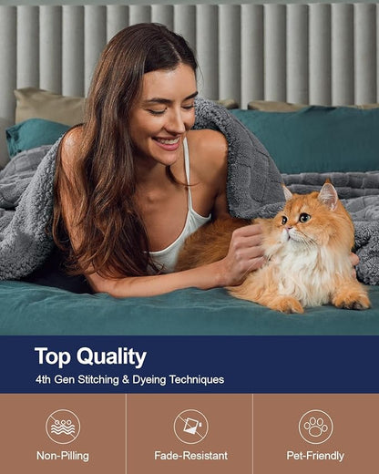 Pawque Super Soft Cozy Throw Blanket Queen Size for Couch Bed, Fluffy Sherpa Fleece Reversible Thick Warm Fuzzy Blanket for All-Season, 3D Checkered Jacquard Decorative Blankets, Grey, 90"x90"