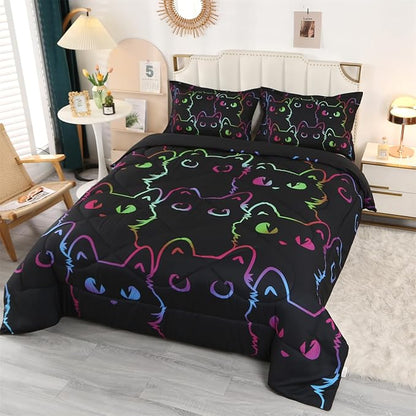 ENCOFT Cat Comforter Set Queen for Girls and Boys Premium 3 Piece Cats Bedding Set Black Comfortable and Breathable for Teens and Adults with 1 Comforter and 2 Pillowcases