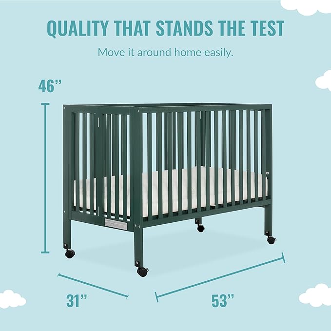 Quinn Full-Size Folding Crib in Olive, Removeable Wheels, Modern Nursey, Adjustable Mattress Support, Portable Crib, Patented Folding System