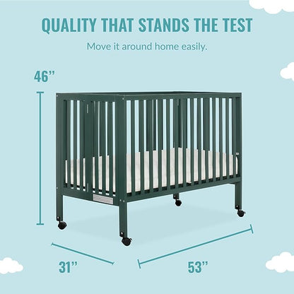 Quinn Full-Size Folding Crib in Olive, Removeable Wheels, Modern Nursey, Adjustable Mattress Support, Portable Crib, Patented Folding System