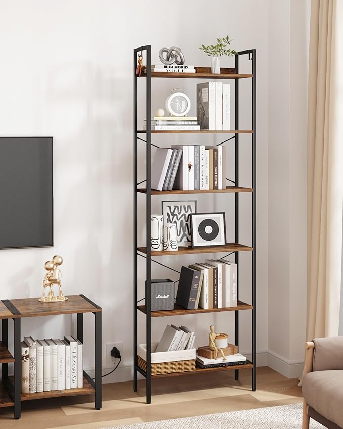 Bookshelf, Book Shelf, Industrial Bookcase with 2 Hooks, Coner Shelf Storage Organizer for Home Office, Living Room, Bedroom, Kitchen, 6-Tier Rustic Brown BC22701B
