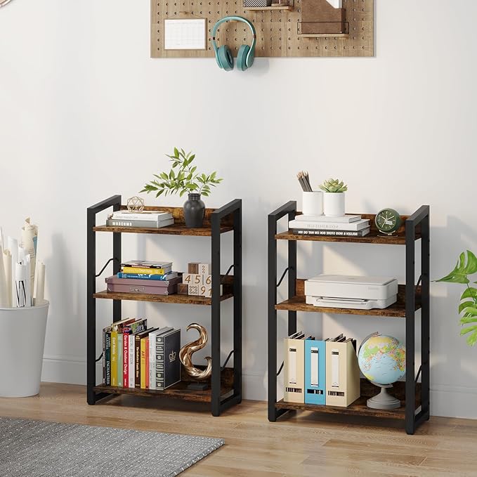 Book Shelf Small Bookshelf: 3-Tier Wood Bookcase Industrial Bookshelf with Edge Protection Metal Narrow Bookshelves Storage Organizer Display Rack for Bedroom Home Office (Rustic Brown)