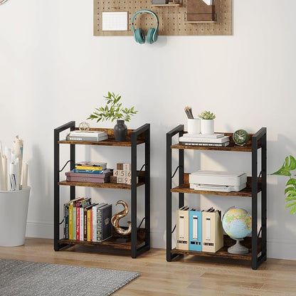 Book Shelf Small Bookshelf: 3-Tier Wood Bookcase Industrial Bookshelf with Edge Protection Metal Narrow Bookshelves Storage Organizer Display Rack for Bedroom Home Office (Rustic Brown)