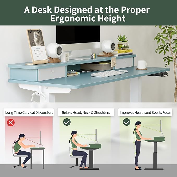 FEZIBO 55 x 24 Inch Height Adjustable Electric Standing Desk with Double Drawer, Stand Up Desk with Storage Shelf, Sit Stand Desk, Blue