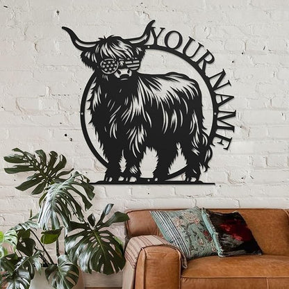 Personalized Highland Cow Name metal Signs,Custom Highland Cow Metal Shed Wall Decor,Black Metal Wall Art Plaques Outdoor wall Decorative Signage (Style G)