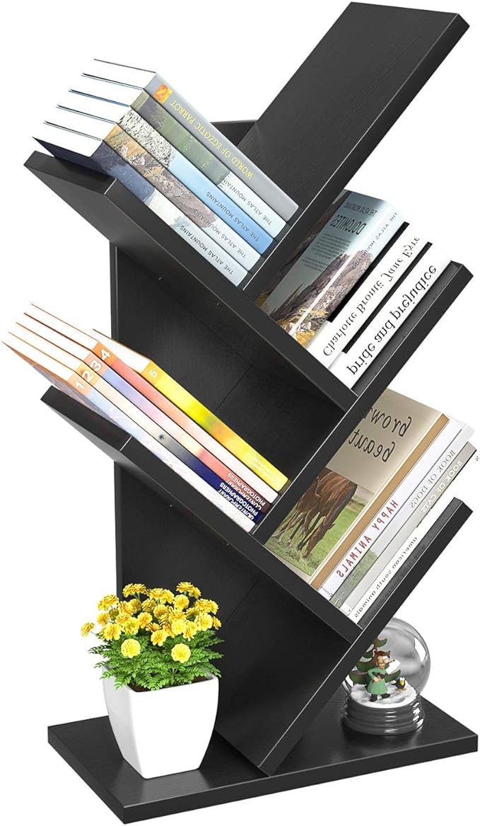 Topfurny Tree Bookshelf, 4-Tier Book Storage Organizer Shelves Floor Standing Bookcase, Wood Storage Rack for Office Home School Shelf Display for Cd/Magazine/Book -Black