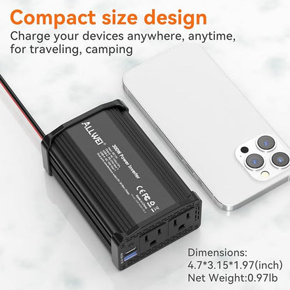 ALLWEI 300W Power Inverter 12V DC to 110V AC Car Plug Adapter Outlet Converter with 27W PD USB-C &18W USB-A Fast Charger, Car Cigarette Lighter Adapter for Laptop Tablets Phones - Portable - Black