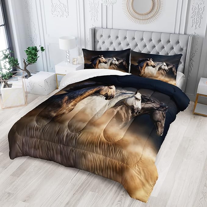 Horse Comforter King Size,Galloping Horse Comforter Set for Kids Teens Girls Boys,3Pcs Bedding Set Printed Comforter with 2 Pillowcases,Soft and Lightweight，King Size