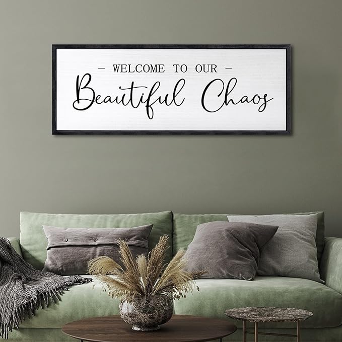 Welcome To Our Beautiful Chaos Sign Wall Decor Framed Wood 32X12 Inch For Rustic Home Living Room Entryway Bedroom Hanging Art (Black)