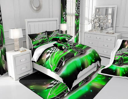 Feelyou Race Car Bedding Set Full Size,Boys Extreme Sports Comforter Set for Kids Boys Car Racing Gifts,Green Cool Car Comforter Car Sports Quilt Set 1 Comforter with 2 Pillowcase Car Racing Gifts