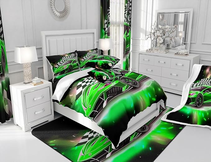 Feelyou Race Car Bedding Set King Size,Boys Extreme Sports Comforter Set for Kids Boys Car Racing Gifts,Green Cool Car Comforter Car Sports Quilt Set 1 Comforter with 2 Pillowcase Car Racing Gifts