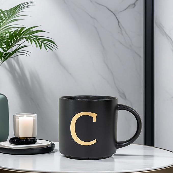 COLLECTIVE HOME - Monogram Ceramic Mugs, 15 oz Golden Initial Black Coffee Cups, Elegant Alphabet Tea Mugs, Elegant Personalized Mug with Gift Box, Unique Mug with Double Side Capital Lette (C)