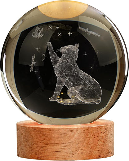 Cat Gifts for Cat Lovers for Women, Large 3D Cat Night Light, Crystal Cat Figurines Lamp 16 Color Changing with Remote Control for Bedroom Decor, Cat Play with Butterfly