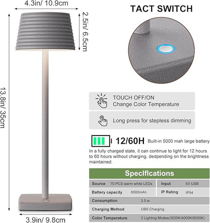 Rechargeable Cordless Table Lamp, Battery 5000mAh Metal Aluminum Housing USB LED Portable Powered Desk Lamp, 3 Levels Brightness Night Light for Restaurants Bars Outdoor (ferrous gray)