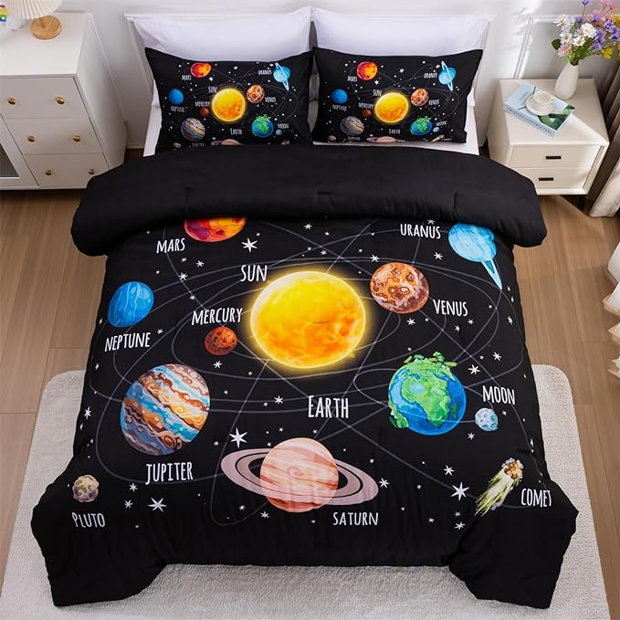 Aimuan Space Comforter Twin Set Kids Rocket Bedding Set Super Soft & Cute Aliens UFO Printed for Boys Girls Teen (Black 1, Full)