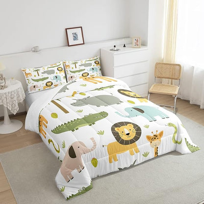 Feelyou Wild Animals Comforter Set Safari Animals Print Comforter for Boys Girls Teens Cute Hippo Crocodile Lion Bedding Set Kids Cartoon Elephant Giraffe Duvet Set Room Decor Quilt Set Queen Size