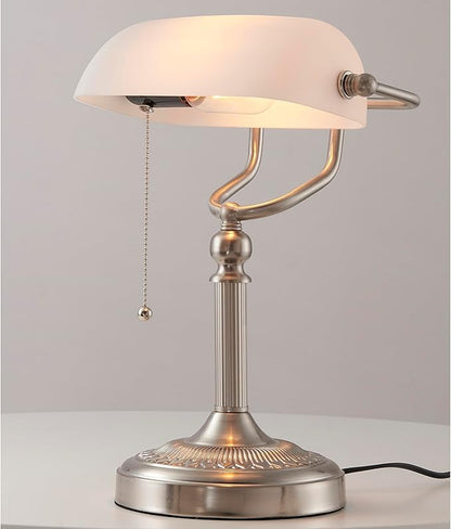 Newrays White Matted Glass Bankers Desk Lamp with Pull Chain Switch Plug in Fixture,Sand Nickel Base