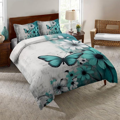 Butterfly Flowers Comforter Sets Queen Size, Vintage Floral Butterfly Kids Bedding Sets for girls Teens 3 Piece Bedroom Decor