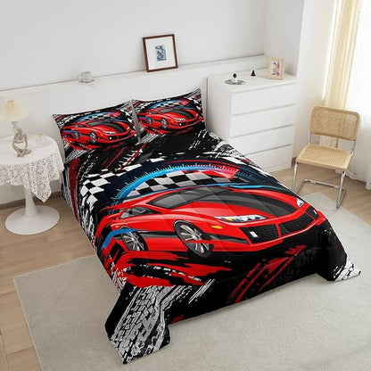 Car Bedding Set for Boys Queen Size Racing Sports Car Comforter Kids Extreme Sports Theme Comforter Set Girls Children Bedroom Teens Cool Speed Automobile Decor Bed Duvet Set Soft Lightweight
