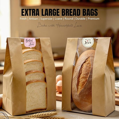 Extra Large Paper Bread Bags for Homemade Bread with Window & Sticker for XL Sourdough Breads, Round Loaf, Baked Goods, Oval Loaves, Brown Kraft - 20 Pcs 16x10x5 Inch
