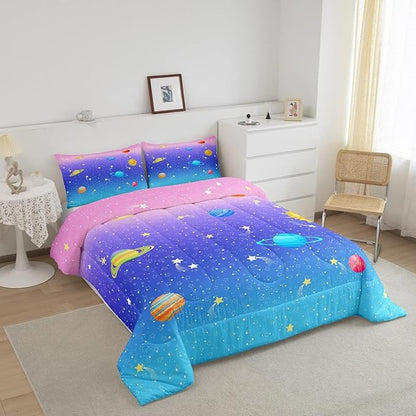 Erosebridal Space Comforter Set Twin Size for Boys Girls Kids Galaxy Stars Planet Bedding Set Kawaii Rainbow Pastel Bed Comforter Sets Pink Blue Purple Ombre Cartoon Quilt Duvet 1 Pillow Case