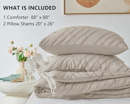 CozyLux Queen Comforter Set Beige - 3 Pieces Boho Tufted Shabby Chic Bedding Comforter Set for All Seasons, Chevron Bedding Sets with Comforter & 2 Pillow Shams