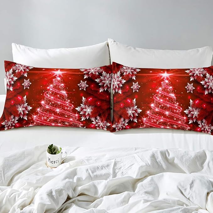 Feelyou Christmas Tree Comforter Set for Children Kids Boys Girls Luxury Chic Xmas Theme Bedding Set Glitter Snowflake Star Comforter Microfiber Red Duvet Set Room Decor Quilt Set Queen Size