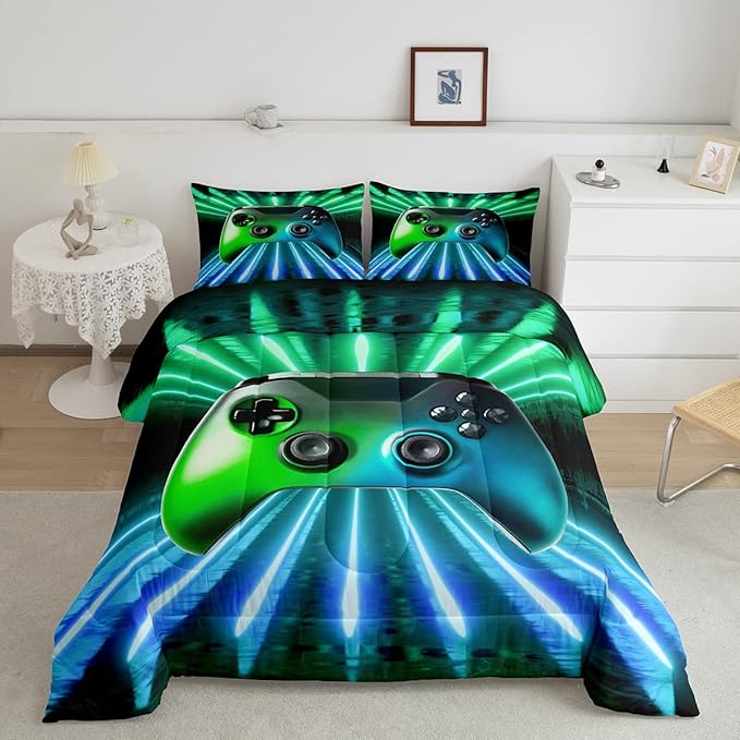 Erosebridal Green Blue Gamepad Comforter Set, Game Player Bedding Set Queen Size Modern Gamer Gaming Down Comforter Neon Trippy Quilt Set for Kids Boys Girls Teens Young Man Room Decorative