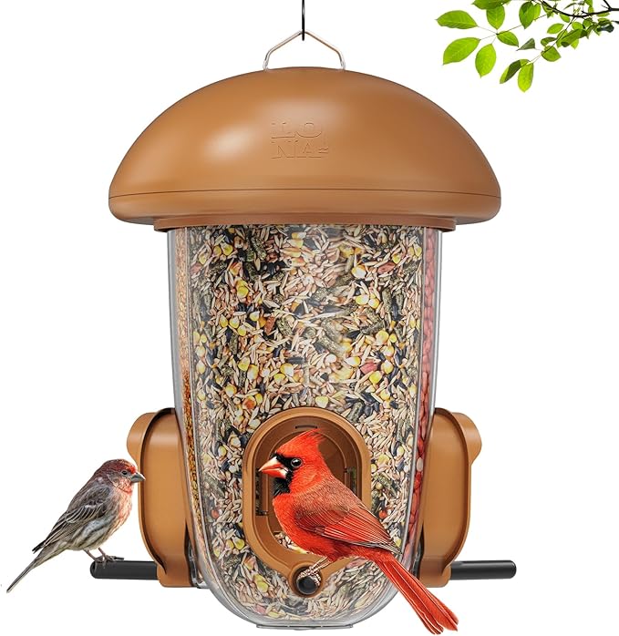 LONA Bird Feeders for Outdoors Hanging – 3 Separate Compartments, 3 Feeding Ports, Weatherproof Dome & 3 Ways to Hang, Large Capacity for Cardinals/Finches (Brown，Plus