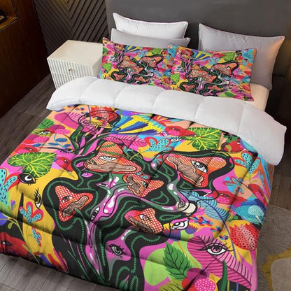 Sunnycitron 3D Colorful Mushroom Comforter set Colorful Mushroom Bedding Full size Mushroom Eyes Pattern Print Comforter Sets- All-Season (1 Comforter + 2 Pillowcases),Easy-Wash Fade Resistant