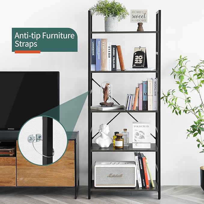 Yoobure 5 Tier Bookshelf - Tall Book Shelf Modern Bookcase for CDs/Movies/Books, Rustic Book Case Industrial Bookshelves Book Storage Organizer for Bedroom Home Office Living Room Grey