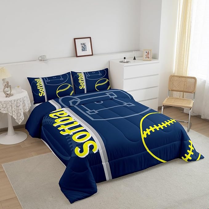 Feelyou Kids Softball Comforter Set Full Size Sports Game Bedding Set for Boys Girls Teens Bedroom Decor Baseball Comforter Women Men Softball Gaming Duvet Set with 2 Pillow Case