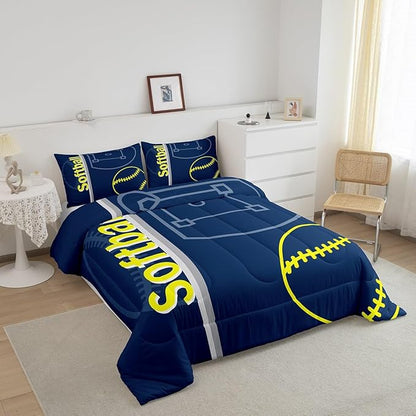 Feelyou Kids Softball Comforter Set Queen Size Sports Game Bedding Set for Boys Girls Teens Bedroom Decor Baseball Comforter Women Men Softball Gaming Duvet Set with 2 Pillow Case