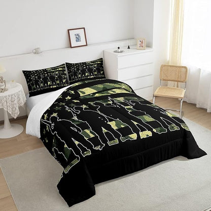 Erosebridal American Flag Camo Comforter Set King Size for Boy Teens Gilrs Kids ArmyGreen Camouflage Bedding Adult Men Soldier Silhouettes Quilted Duvet Military Style Camo Down Comforter
