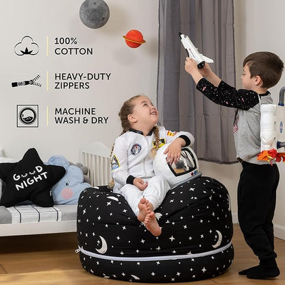 Stuffed Animal Storage Bean Bag Chair Cover for Kids & Adults | Washable XL Stuffie Seat | 100% Cotton | Pouf Organizer for Plush Toys, Linens, Quilts & Pillows | Starry Night